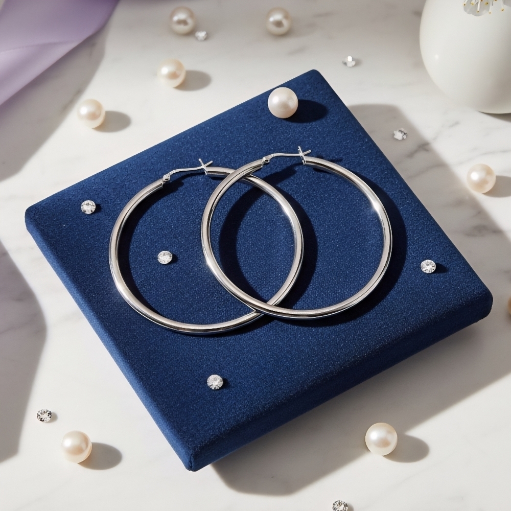 Silver Round Hoop Earrings Large 2" White Gold Plated Stainless Steel Minimalist - Picture 7 of 15
